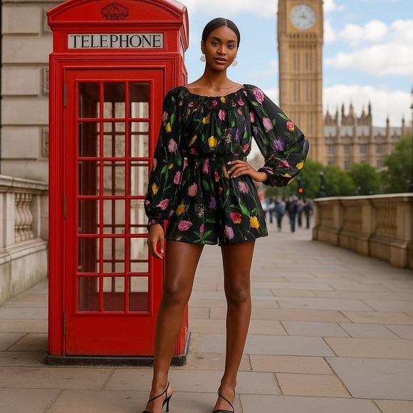 Ted Baker London | Brookii Ruffled Blouson Sleeve Romper | Floral Print Size 12 - Picture 3 of 5